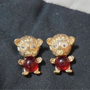 Source Unknown Gold and Red Bear Earrings